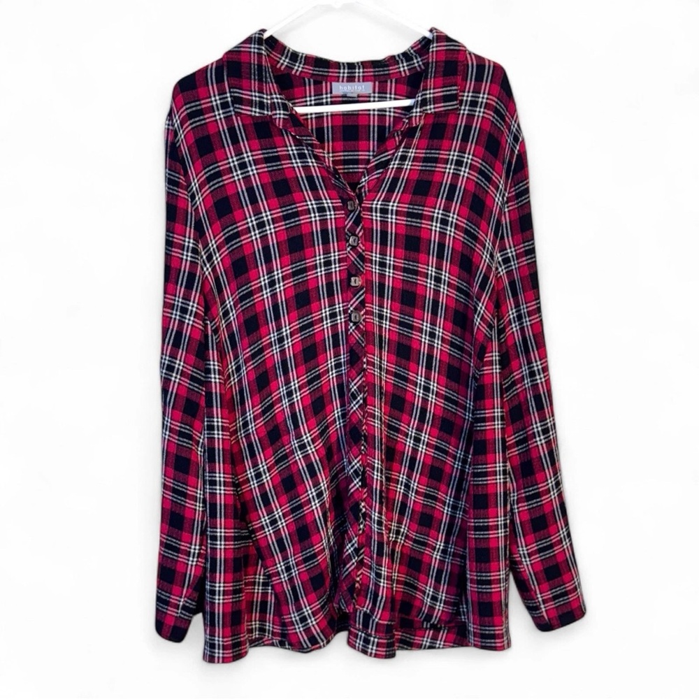 Habitat Clothes to Live In Tunic Button Down Shirt Red Black Plaid Artsy Large